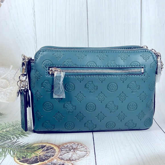 🎄NWT GUESS DOUBLE ZIPPER NINNETTE GREEN PINE CROSSBODY BAG - Picture 2 of 11